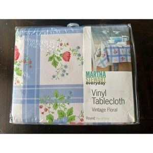 VTG Martha Stewart Floral Bouquet 70" Round Vinyl Blue White Red Tablecloth NEW